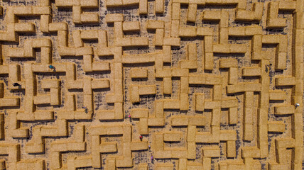 Straw maze, hay maze. Aerial. Top view from drone.