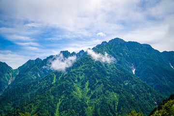 富山県中新川郡上市町の中山から立山の剱岳を望む登山をしている風景 A view of mountain climbing with a view of Tsurugidake in Tateyama from Nakayama in Kamiichi Town, Nakashinagawa County, Toyama Prefecture.