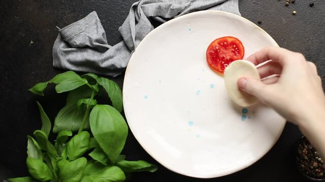 caprese salad mozzarella cheese, tomato basil leaf italian snack copy space food background rustic. top view keto or paleo diet
veggie vegetarian food