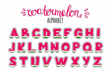 Watermelon English alphabet on a white background set. National Watermelon Day. Use for a postcard, background, application on a fabric or souvenir products.
