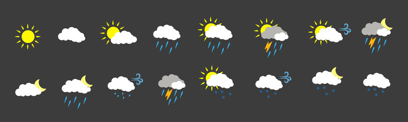 Fototapeta premium Weather icons pack. Colorful weather forecast design elements, perfect for mobile apps and widgets. Contains icons of the sun, clouds, snowflakes, wind, rain and more. Icons pack.