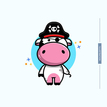 cute cow wears pirate hat and closes his eyes, vector eps 10