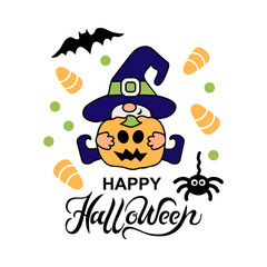 Handwritten lettering Happy Halloween and gnome with witch hat and Halloween pumpkin. Vector illustration.