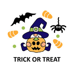Halloween gnome, baby witch with Halloween pumpkin, bat, spider and sweets on white background. Vector illustration.