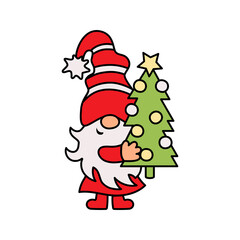 Christmas gnome with christmas tree is on white background. Vector illustration.