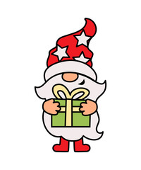 Christmas gnome with gift box is on white background. Vector illustration.