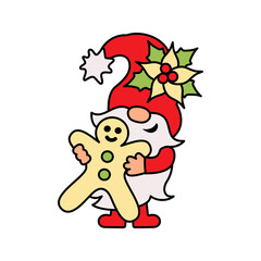 Christmas gnome with gingerbread man is on white background. Vector illustration.