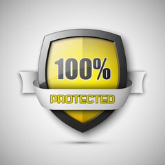 100% Protected guard shield concept. 100% safety badge icon. Privacy guarantee shield banner. Security guarantee label. Defense tag. Presentation shining sticker shape. Defense safeguard shield