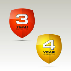 Shield with guarantee three & four year icon. Warranty 3 & 4 year Label obligations. Safeguard shield sign. Protect promise reliability badge. Security guaranteed illustration