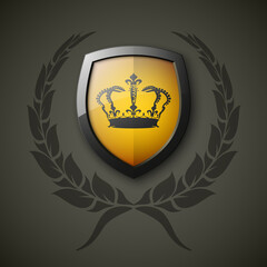 Protected wreath crown shield concept. Safety badge protection garland icon. Privacy corona banner shield. Security label Defense tag. Crown sticker shield. Defense safeguard sign. wreath badge