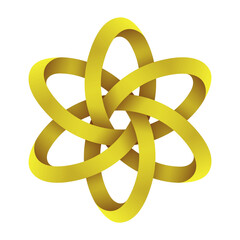 Symbol of atom structure model made of intertwined gold mobius stripes. Technological concept of nuclear power.