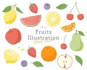 果物・フルーツの手描きイラストのセット　果実　かわいい　イチゴ　リンゴ　オレンジ　スイカ　レモン