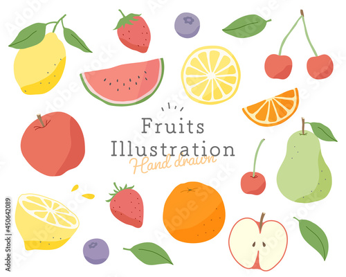 果物 フルーツの手描きイラストのセット 果実 かわいい イチゴ リンゴ オレンジ スイカ レモン Apple Wall Mural App Yugoro