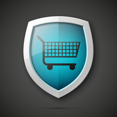 Protected guard shield & supermarket trolley icon. Security Shopping cart label. Safety badge supermarket trolley icon. Privacy banner shield. Defense tag. Presentation sticker shape. Safeguard shield