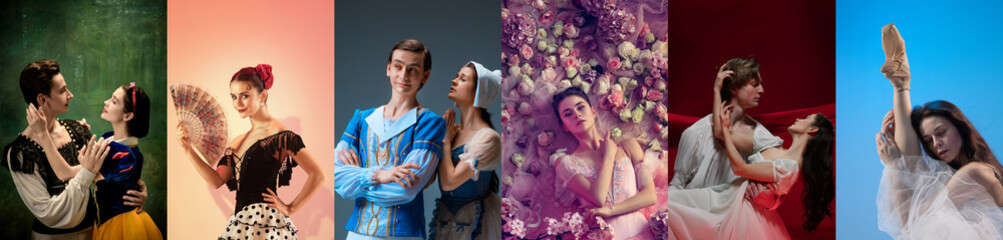 Collage of portraits of female ballet dancers dancing on studio background. Concept of art,...