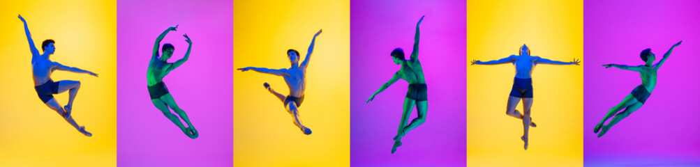 Fototapeta na wymiar Dance of feelings. Amazing performance of one flexible male ballet dancer practicing isolated on color background. Concept of art, beauty, aspiration, creativity.