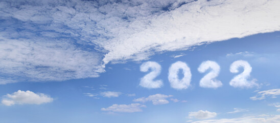 Blue sky and clouds shape numbers 2022, with copy space, happy new year 2022