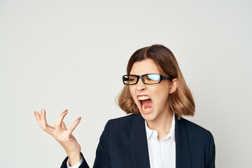Business woman in suit gestures with hand emotions work Studio