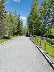 A walking path among the trees with a fence in the Ruskeala Mountain Park on a sunny summer day.
