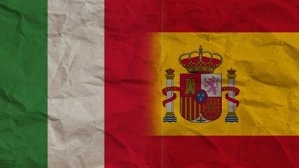 Spain and Italy Flags Together, Crumpled Paper Effect Background 3D Illustration