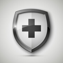 Medical health protection shield cross. Protected steel guard shield concept. Safety badge steel icon. Privacy metal banner shield. Security safeguard metal label. Presentation chrome sticker shape