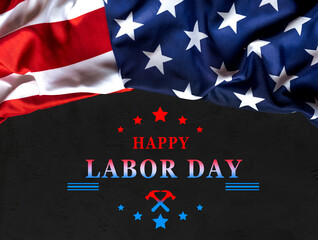 United States national flag on black background with text Happy Labor Day. USA Labor Day concept. 