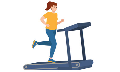 Girl running on a treadmill. On white background. Girl Doing Sports in Fitness Club, Gym or Home, Active Healthy Lifestyle Flat Style Vector Illustration