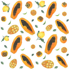 Seamless pattern. Watercolor painted collection of fruits. Handmade fresh food design elements isolated.