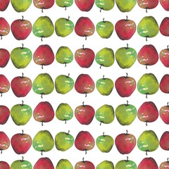 Seamless pattern red and green apples. Hand painted watercolor. Handmade fresh food design elements isolated.
