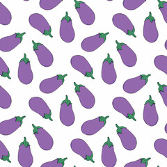 Seamless pattern with yammy eggplant on white background. Vector image.