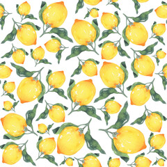 Seamless pattern Lemons. Hand painted watercolor. Handmade fresh food design elements isolated.