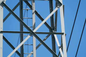 A part of a high-voltage electrical insulator electric line against the blue sky