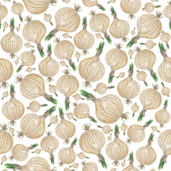 Seamless pattern Onions. Hand painted watercolor. Handmade fresh food design elements isolated.