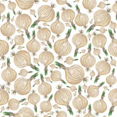 Seamless pattern Onions. Hand painted watercolor. Handmade fresh food design elements isolated.