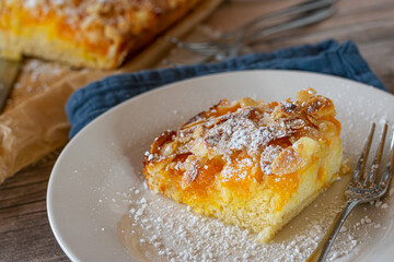 A piece of cake on a plate  with tangerines and almonds