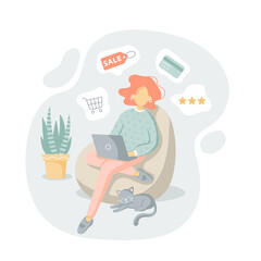 Young woman sitting on the bean bag chair with cat and doing online shopping. Customer selects the goods to order. E-commerce. Girl using laptop flat vector illustration.