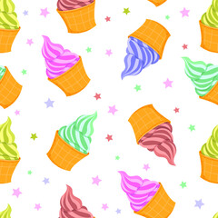 Pattern of beautiful and tasty ice cream on a white background. Vector hand drawn flat illustration.