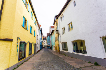 Street cafe in the Fussen old town city center. Fussen is a small town in Bavaria, Germany..