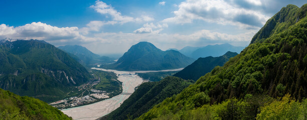 View from Mount Forcella in Amaro (Carnia, Friuli Venezia Giulia). Landscape with mountains and river.