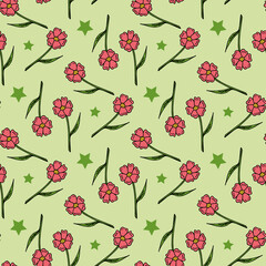 Seamless pattern with pink flowers and green stars on light green background. Vector image.