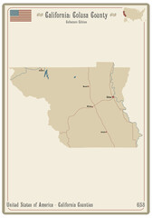 Map on an old playing card of Colusa county in California, USA.