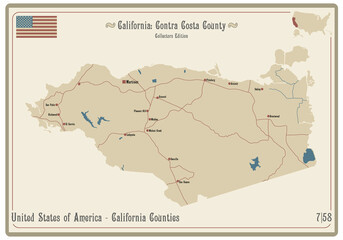 Map on an old playing card of Contra Costa county in California, USA.
