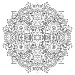 Round tile style boho, zentangle, doodle. Black pattern on white background. Floral pattern. Abstract icon snowflake. Geometric art poster. Old wallpaper. Geometric frame. Minimal, retro style. 