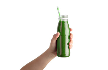 Hand with bottle of the green smoothie. Isolated object on white. Concept of the diet, health nutrition
