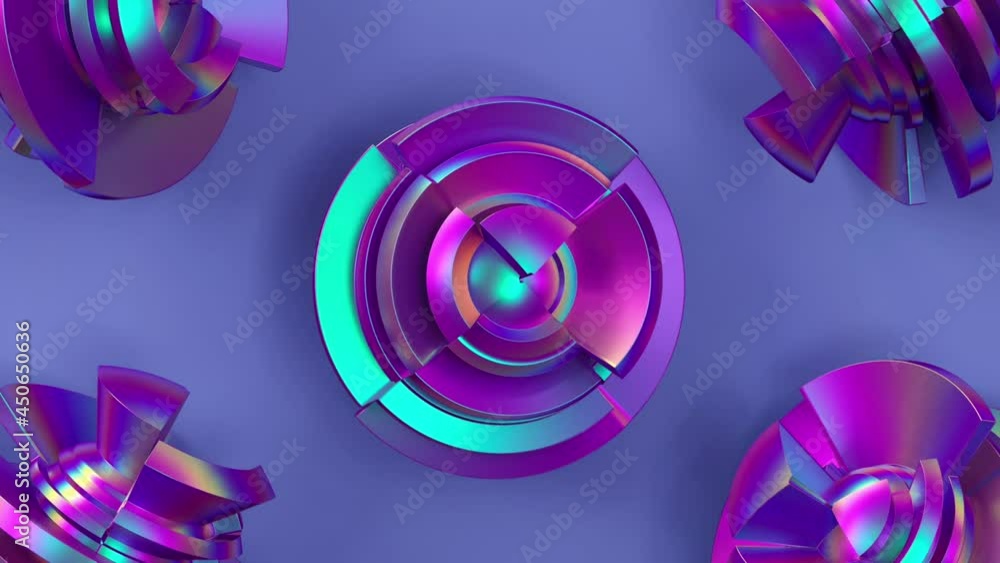 Poster holographic iridescent shiny round shapes rotating on blue background. 3d render seamless looping cr