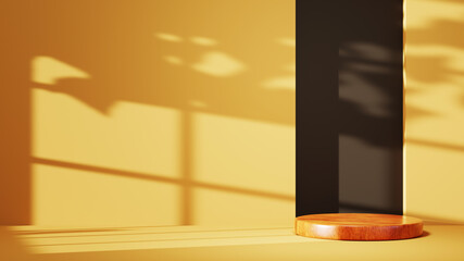 3D rendering of Wooden podium for displaying products in the orange room background. Mockup for show product.