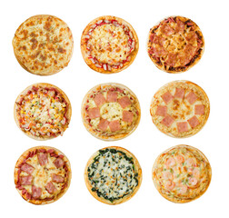 nine different pizza set isolated on white background with clipping path for menu