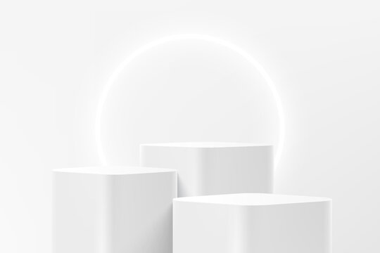 Abstract 3D white steps round corner cube pedestal or stand podium with glowing neon ring backdrop. White minimal wall scene for product display presentation. Vector geometric rendering platform.