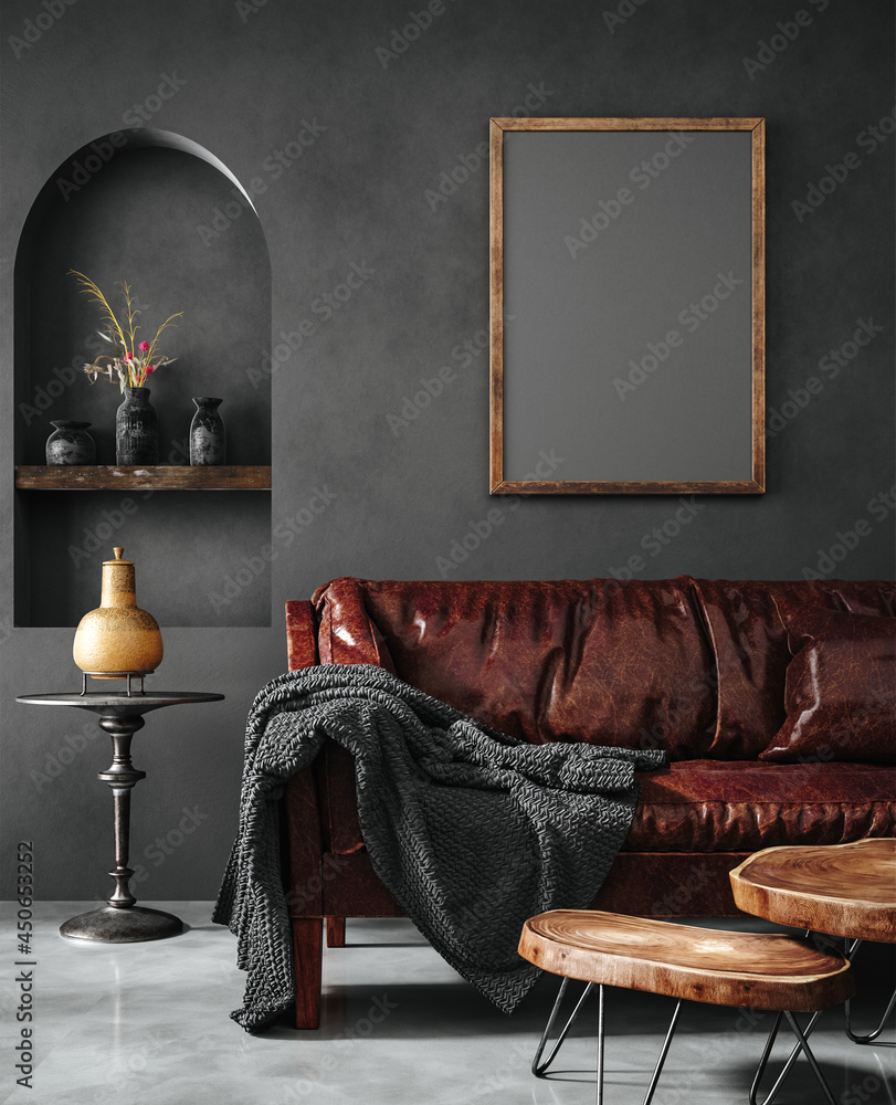 Wall mural Frame mockup in dark home interior with ethnic decoration, 3d render