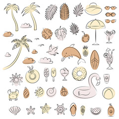 Set of beach summer elements. Abstract design. Outline illustration